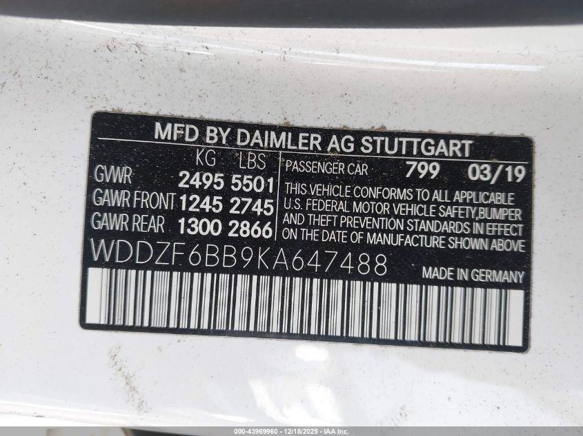 2019 Mercedes-Benz Amg E 53 4Matic VIN: WDDZF6BB9KA647488 Lot: 43969960