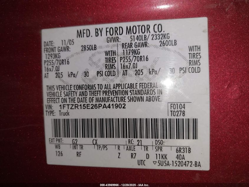 2006 Ford Ranger Fx4 Off-Road/Sport/Xl/Xlt VIN: 1FTZR15E26PA41902 Lot: 43969966