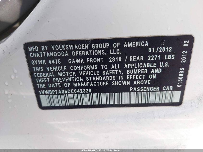 2012 Volkswagen Passat 2.5L Se VIN: 1VWBP7A35CC042329 Lot: 43969967