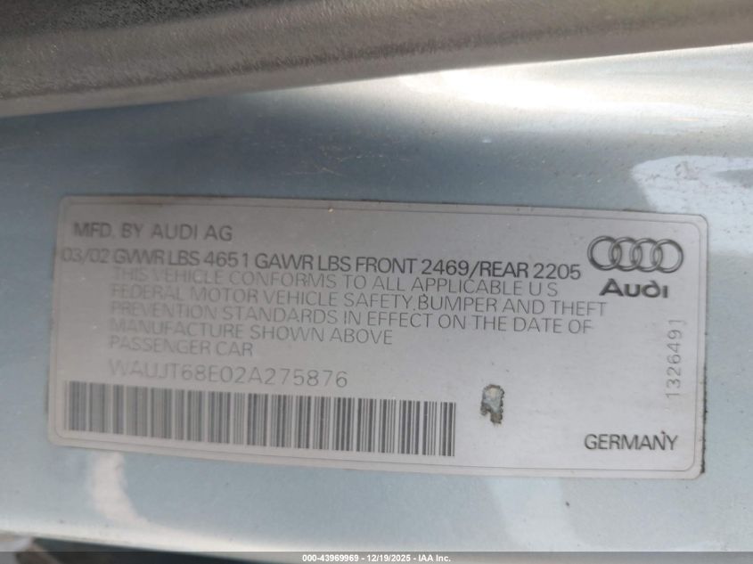 2002 Audi A4 3.0 VIN: WAUJT68E02A275876 Lot: 43969969