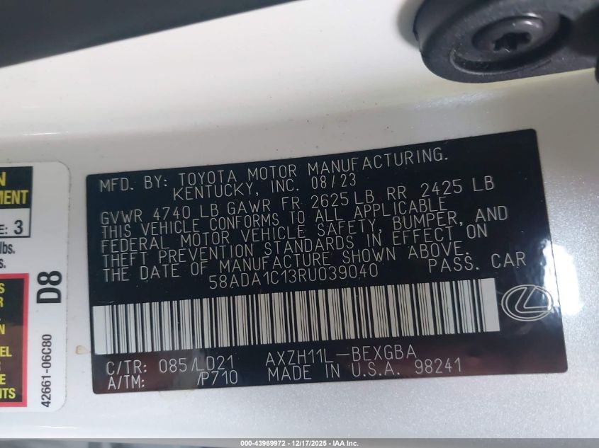 2024 Lexus Es 300H VIN: 58ADA1C13RU039040 Lot: 43969972