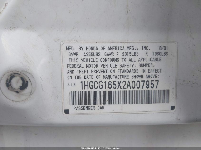 2002 Honda Accord 3.0 Ex VIN: 1HGCG165X2A007957 Lot: 43969975