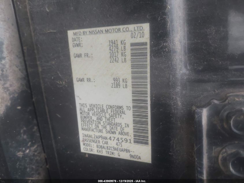 2010 Nissan Altima VIN: 1N4AL2AE9AN474591 Lot: 43969976