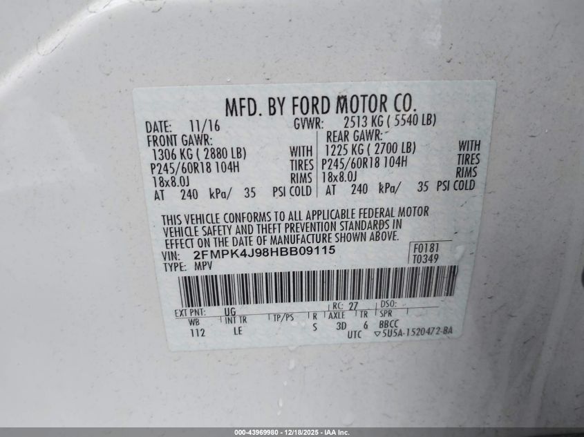 2017 Ford Edge Sel VIN: 2FMPK4J98HBB09115 Lot: 43969980