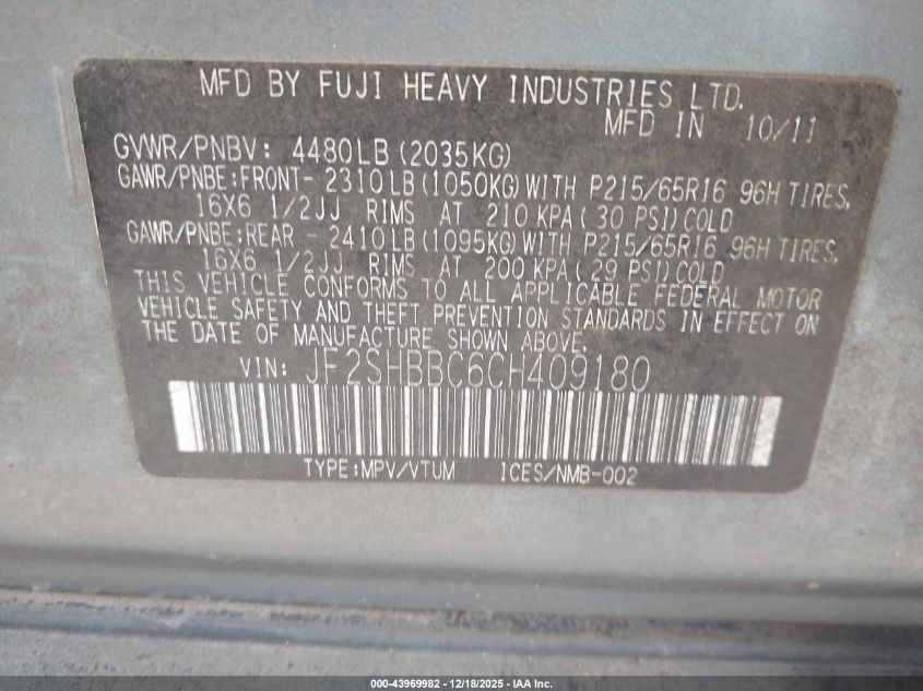 2012 Subaru Forester 2.5X VIN: JF2SHBBC6CH409180 Lot: 43969982