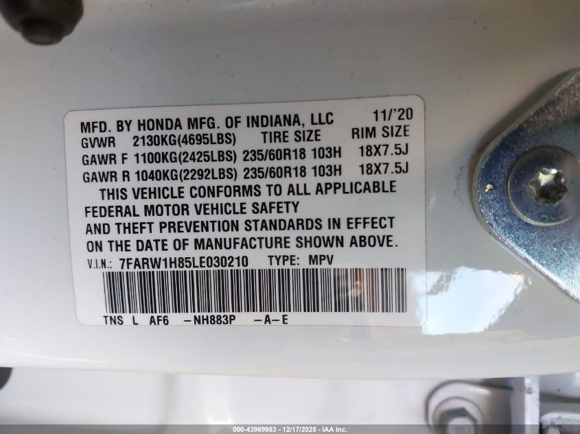 2020 Honda Cr-V 2Wd Ex-L VIN: 7FARW1H85LE030210 Lot: 43969983