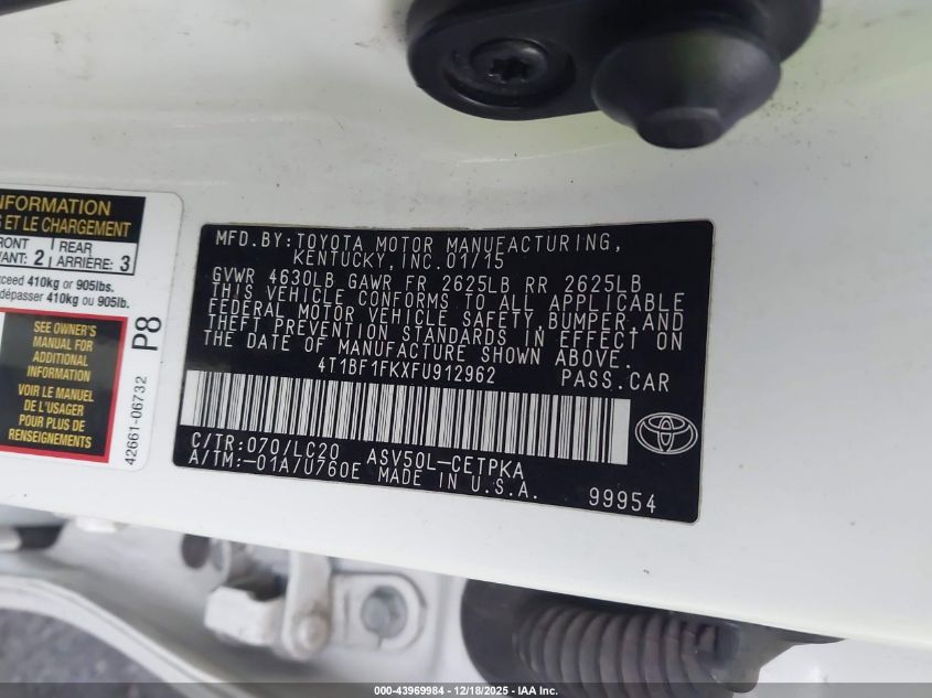 2015 Toyota Camry Xse VIN: 4T1BF1FKXFU912962 Lot: 43969984