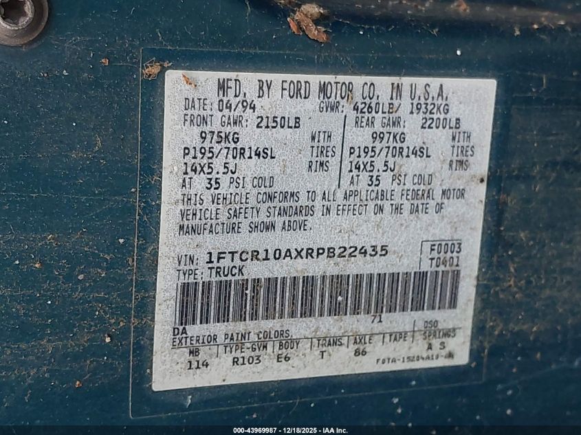 1994 Ford Ranger VIN: 1FTCR10AXRPB22435 Lot: 43969987