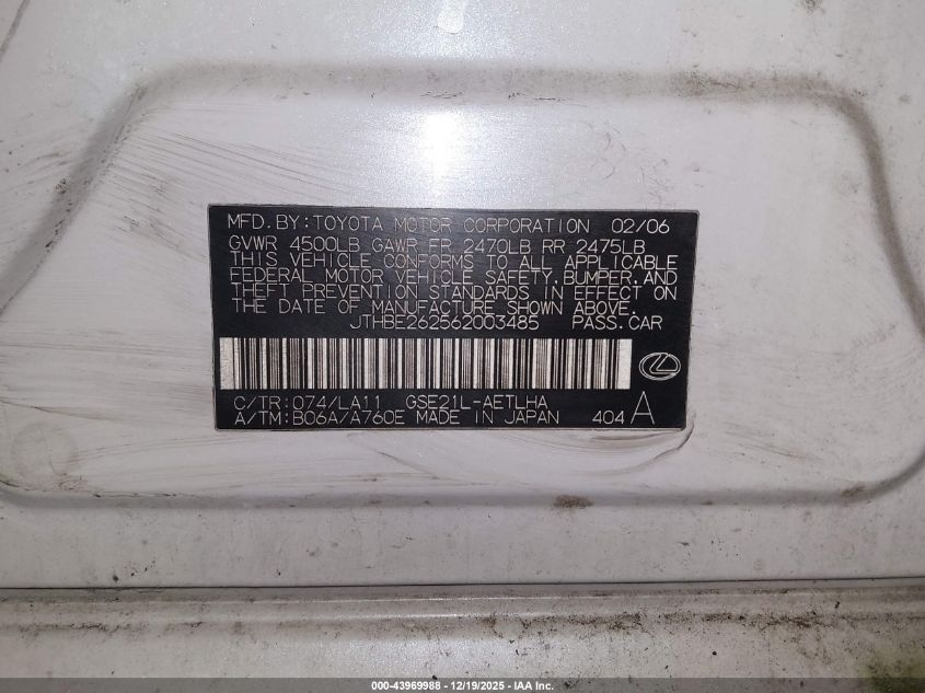 2006 Lexus Is 350 VIN: JTHBE262562003485 Lot: 43969988