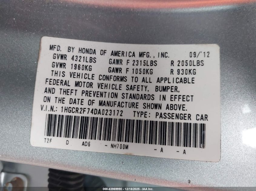 2013 Honda Accord Ex VIN: 1HGCR2F74DA023172 Lot: 43969990