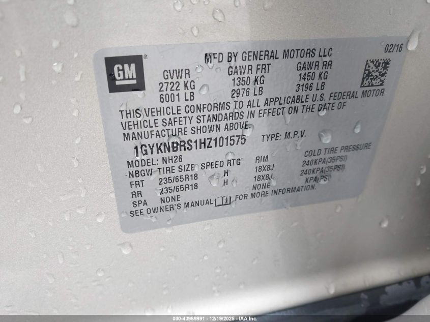 2017 Cadillac Xt5 Luxury VIN: 1GYKNBRS1HZ101575 Lot: 43969991