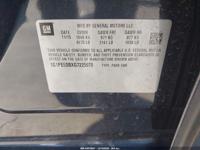 2016 Chevrolet Cruze Limited 1Lt Auto VIN: 1G1PE5SBXG7225970 Lot: 43970001