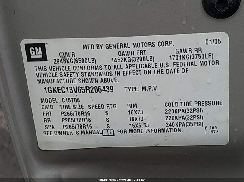2005 GMC Yukon Sle VIN: 1GKEC13V65R206439 Lot: 43970002