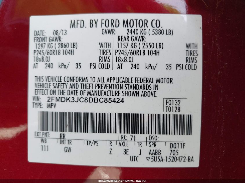 2013 Ford Edge Sel VIN: 2FMDK3JC8DBC85424 Lot: 43970004