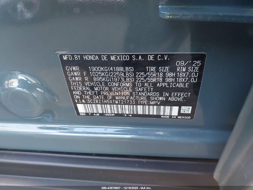 2026 Honda Hr-V 2Wd Sport VIN: 3CZRZ1H5XTM721733 Lot: 43970007