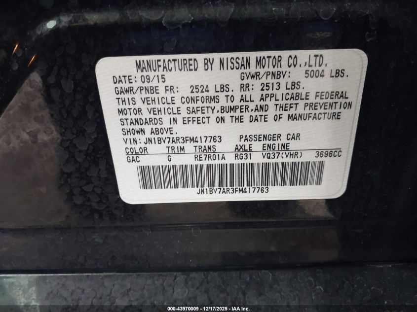 2015 Infiniti Q50 Premium VIN: JN1BV7AR3FM417763 Lot: 43970009