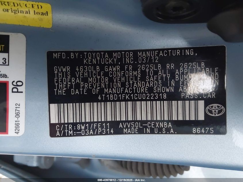 2012 Toyota Camry Hybrid Le VIN: 4T1BD1FK1CU022318 Lot: 43970012