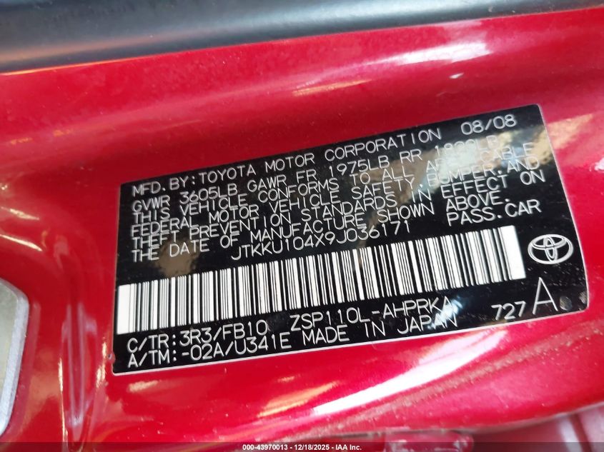 2009 Scion Xd VIN: JTKKU104X9J036171 Lot: 43970013