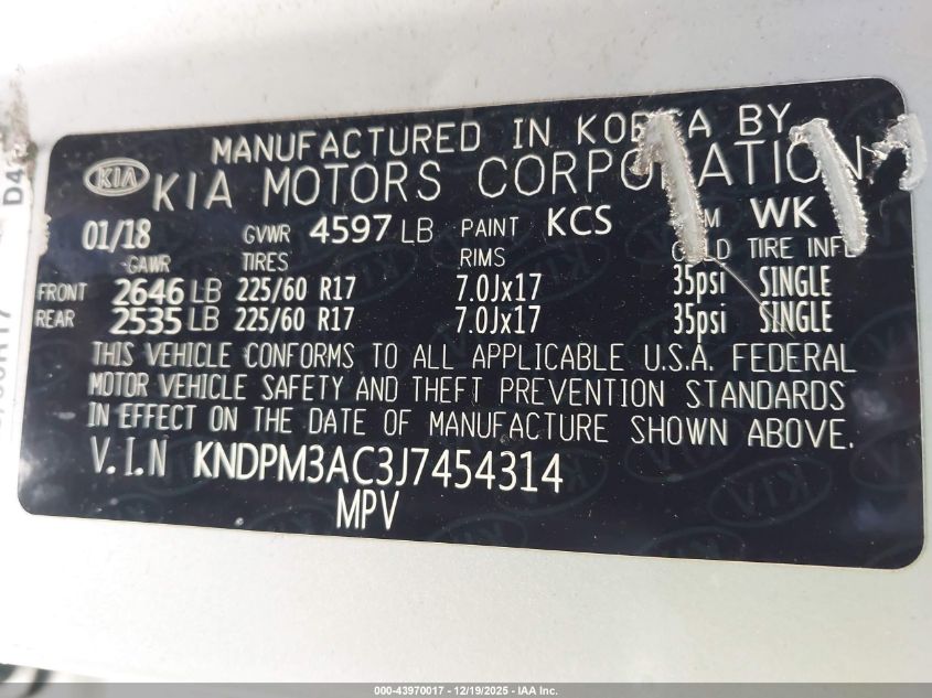 2018 Kia Sportage Lx VIN: KNDPM3AC3J7454314 Lot: 43970017