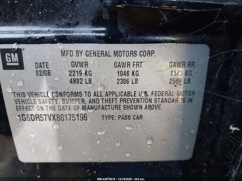 2008 Cadillac Cts Standard VIN: 1G6DR57VX80175196 Lot: 43970019