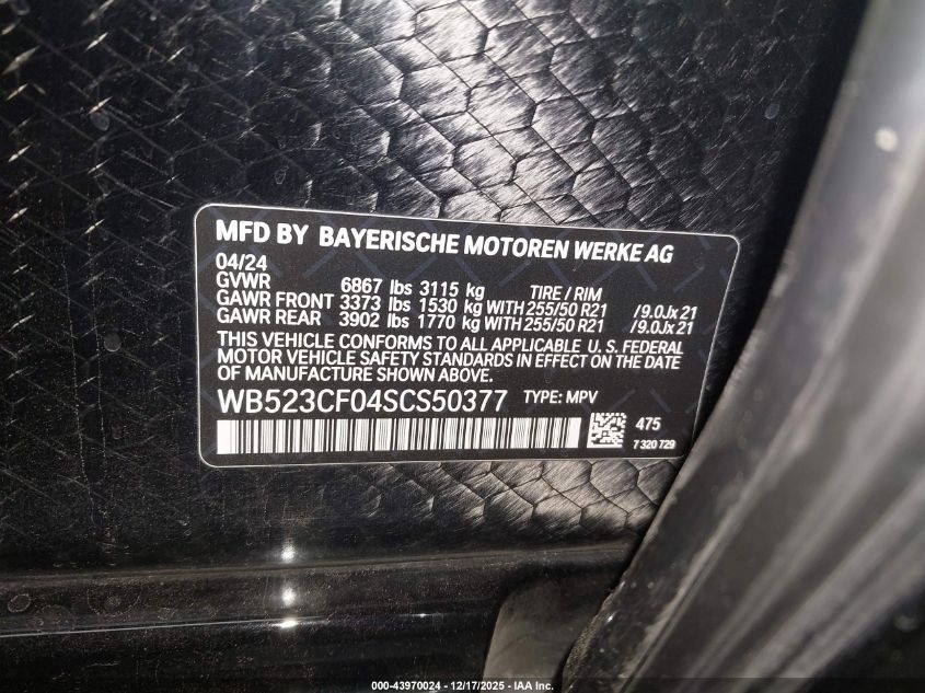 2025 BMW Ix xDrive50 VIN: WB523CF04SCS50377 Lot: 43970024