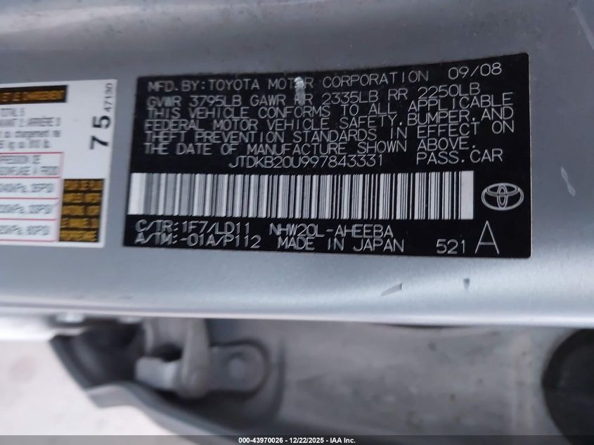 2009 Toyota Prius VIN: JTDKB20U997843331 Lot: 43970026