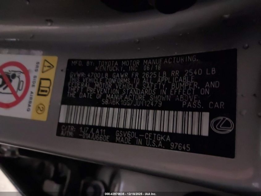 2018 Lexus Es 350 VIN: 58ABK1GG7JU112479 Lot: 43970035