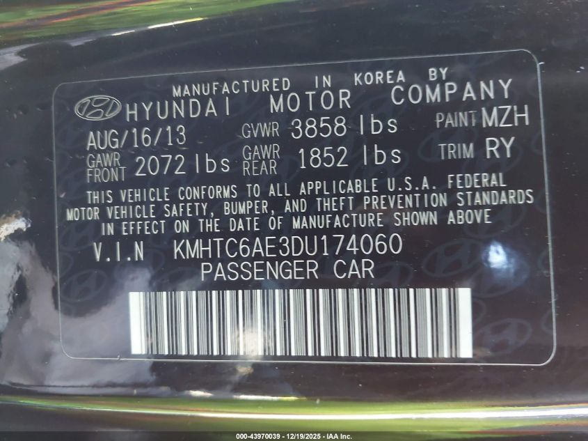 2013 Hyundai Veloster Turbo W/Black VIN: KMHTC6AE3DU174060 Lot: 43970039