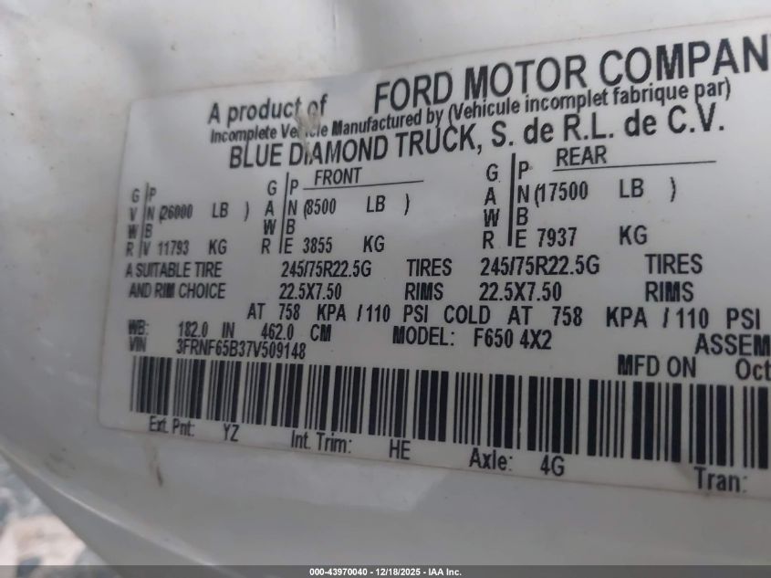 2007 Ford F-650 Xl/Xlt VIN: 3FRNF65B37V509148 Lot: 43970040