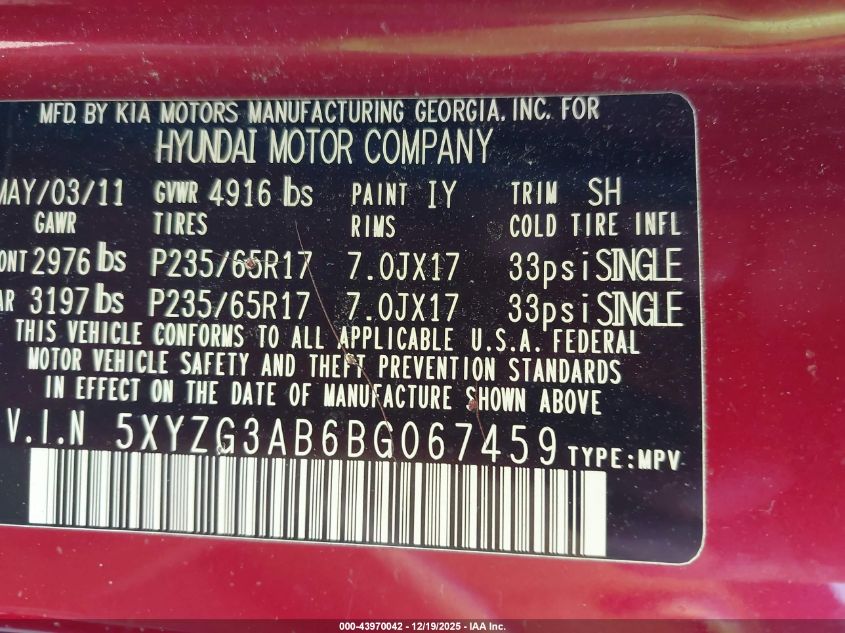 2011 Hyundai Santa Fe Gls VIN: 5XYZG3AB6BG067459 Lot: 43970042