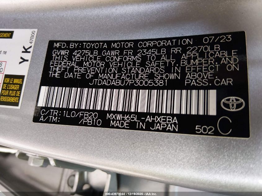 2023 Toyota Prius Le Awd-E VIN: JTDADABU7P3005381 Lot: 43970044