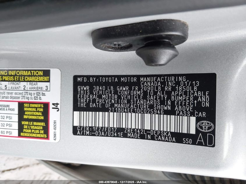 2013 Toyota Corolla S VIN: 2T1BU4EE1DC025946 Lot: 43970045