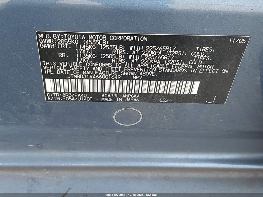 2006 Toyota Rav4 Limited VIN: JTMBD31V466001649 Lot: 43970048