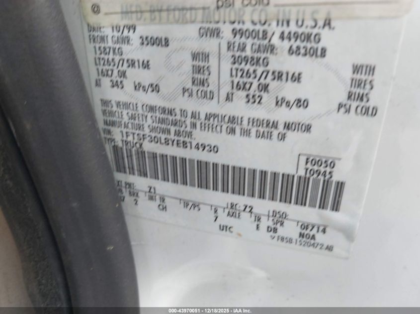 2000 Ford F-350 Lariat/Xl/Xlt VIN: 1FTSF30L8YEB14930 Lot: 43970051