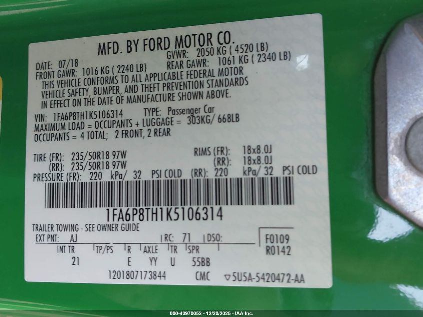 2019 Ford Mustang Ecoboost VIN: 1FA6P8TH1K5106314 Lot: 43970052