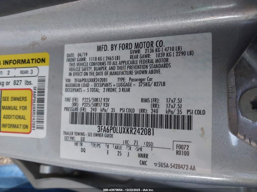 2019 Ford Fusion Hybrid Se VIN: 3FA6P0LUXKR242081 Lot: 43970054