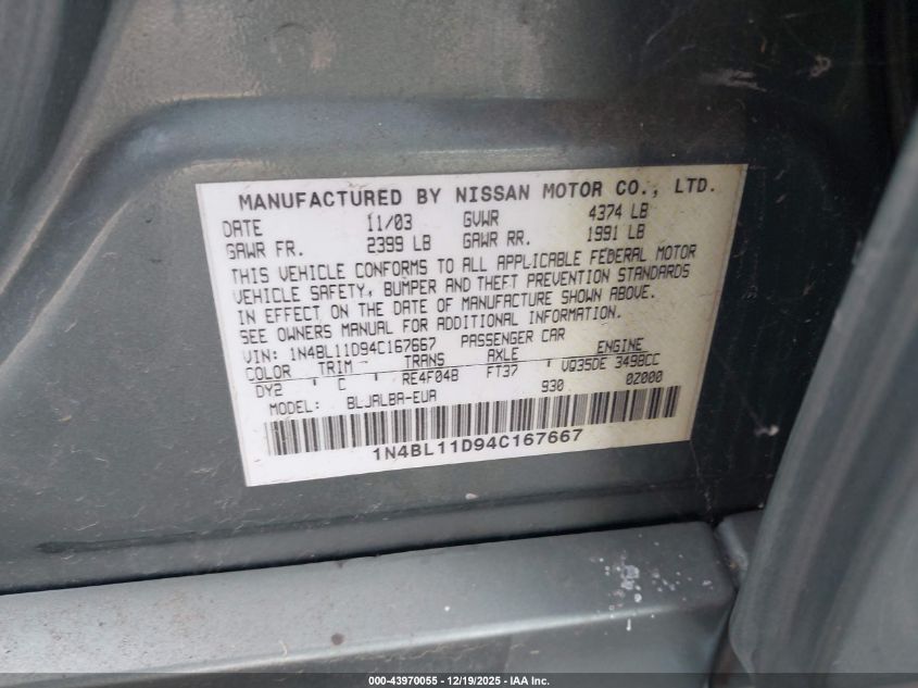2004 Nissan Altima 3.5 Se VIN: 1N4BL11D94C167667 Lot: 43970055