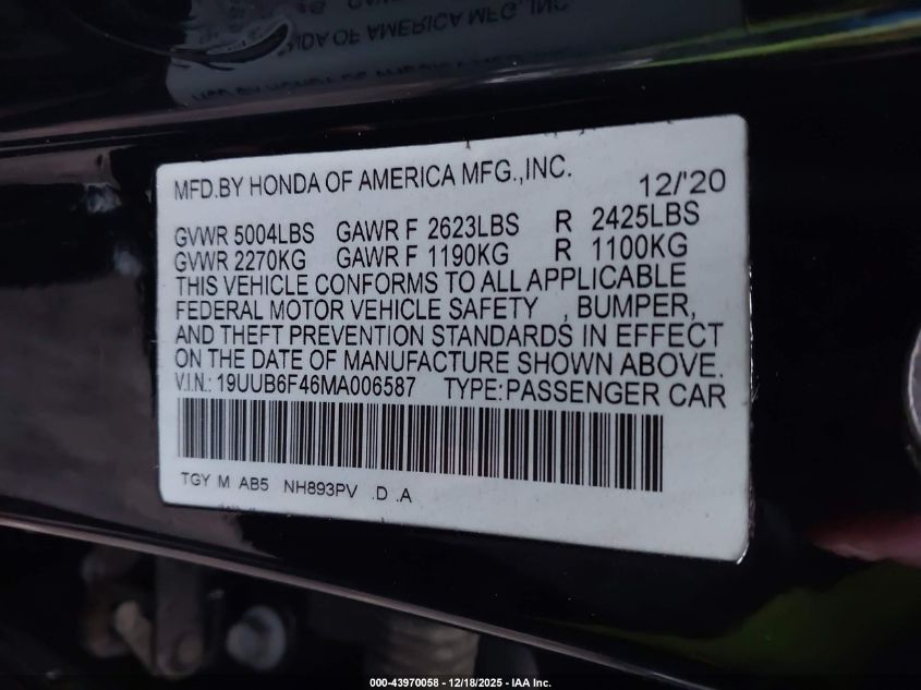 2021 Acura Tlx Technology Package VIN: 19UUB6F46MA006587 Lot: 43970058