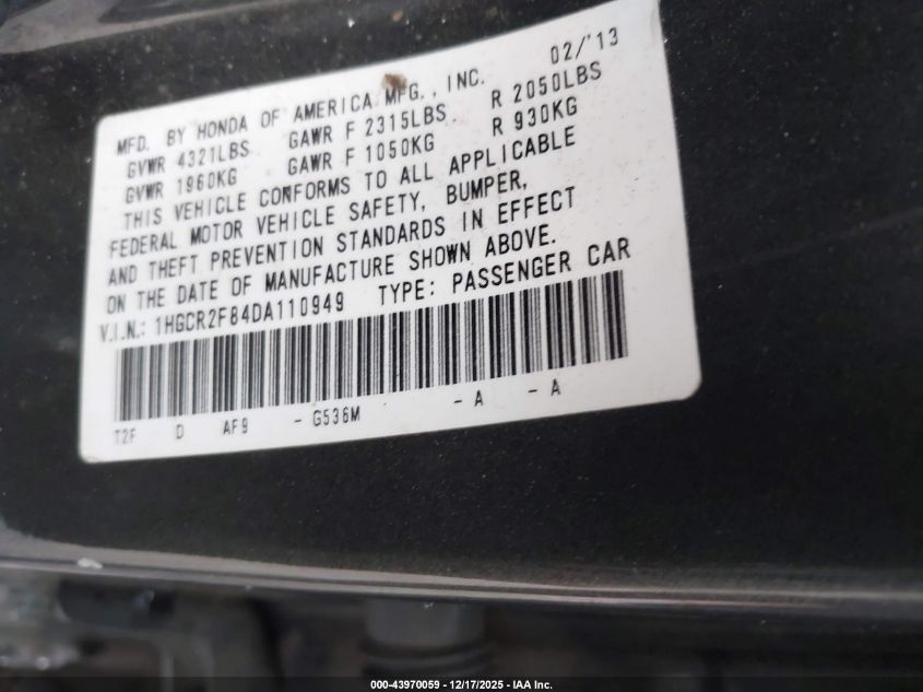 2013 Honda Accord Ex-L VIN: 1HGCR2F84DA110949 Lot: 43970059