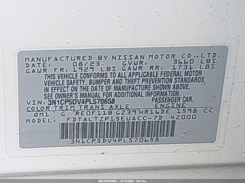 2023 Nissan Kicks Sr Xtronic Cvt VIN: 3N1CP5DV4PL570658 Lot: 43970062