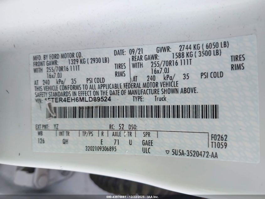 2021 Ford Ranger Xl VIN: 1FTER4EH6MLD89524 Lot: 43970061