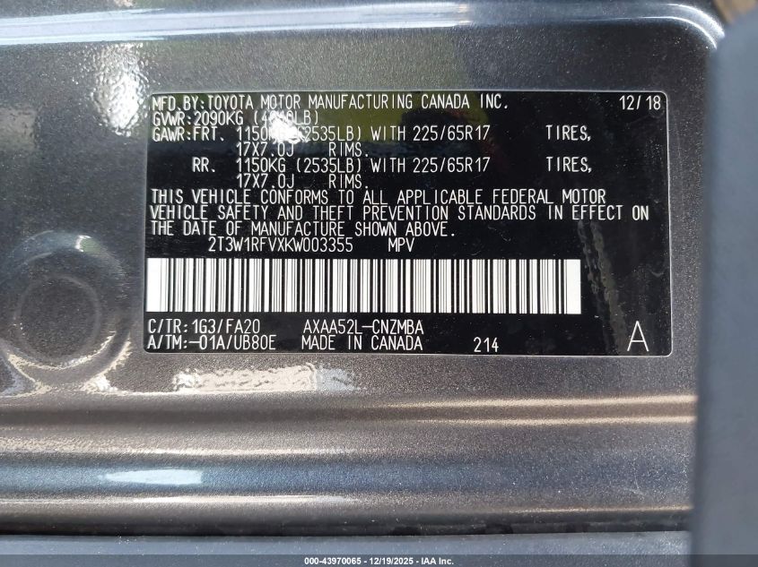 2019 Toyota Rav4 Xle VIN: 2T3W1RFVXKW003355 Lot: 43970065