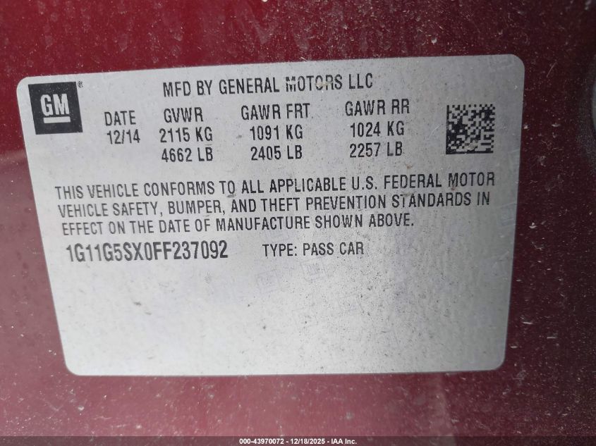 2015 Chevrolet Malibu 2Lz VIN: 1G11G5SX0FF237092 Lot: 43970072