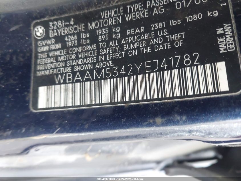 2000 BMW 328I VIN: WBAAM5342YEJ41782 Lot: 43970073