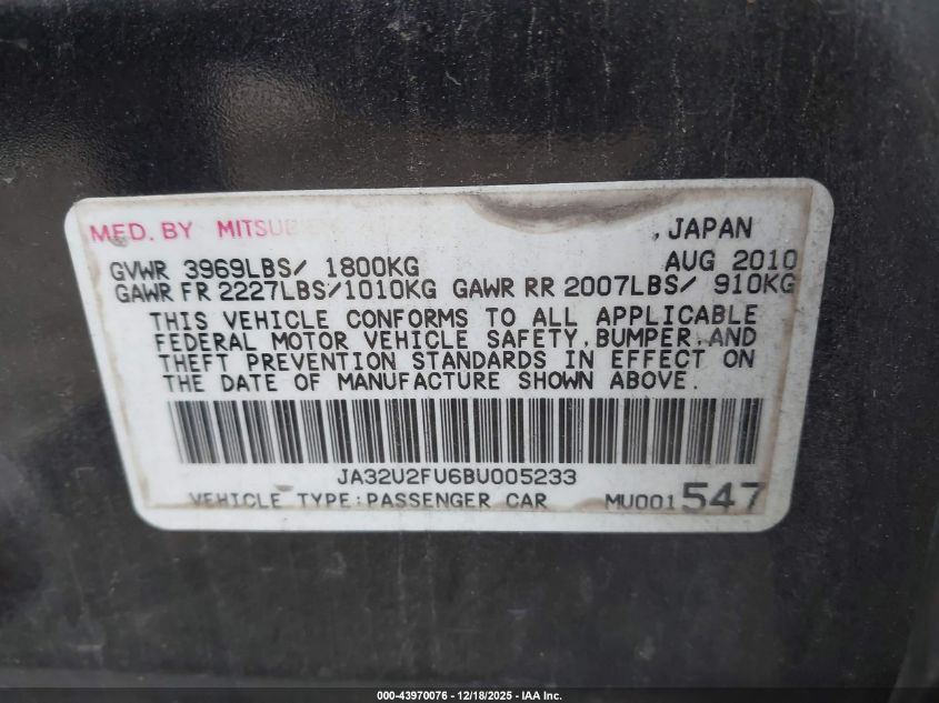 2011 Mitsubishi Lancer Es VIN: JA32U2FU6BU005233 Lot: 43970076