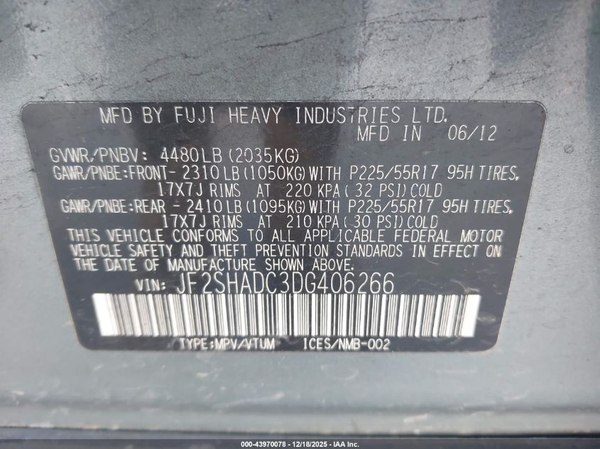 2013 Subaru Forester 2.5X Premium VIN: JF2SHADC3DG406266 Lot: 43970078