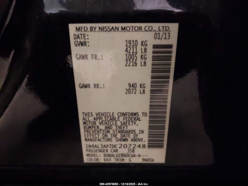 2013 Nissan Altima 2.5 Sv VIN: 1N4AL3AP2DC207248 Lot: 43970080