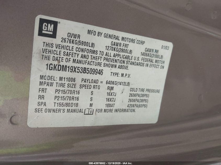 2003 GMC Safari VIN: 1GKDM19X53B509946 Lot: 43970082