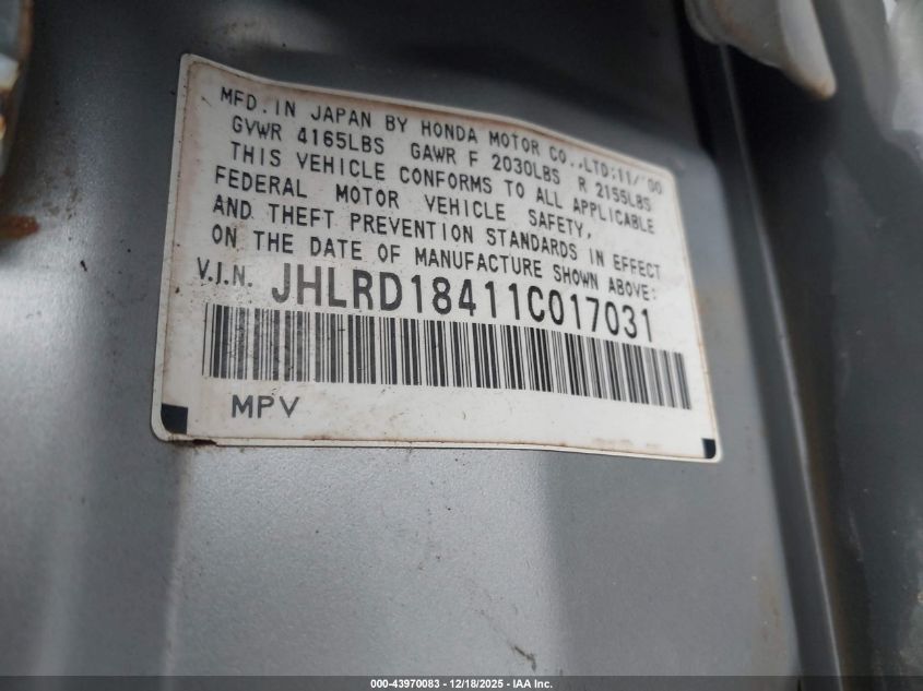2001 Honda Cr-V Lx VIN: JHLRD18411C017031 Lot: 43970083