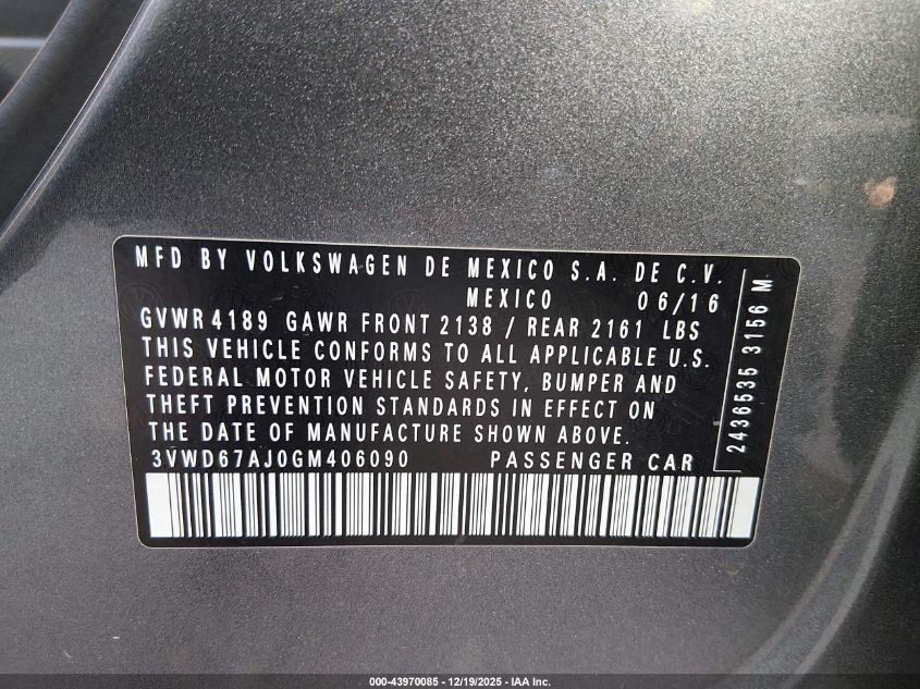 2016 Volkswagen Jetta 1.4T Se VIN: 3VWD67AJ0GM406090 Lot: 43970085